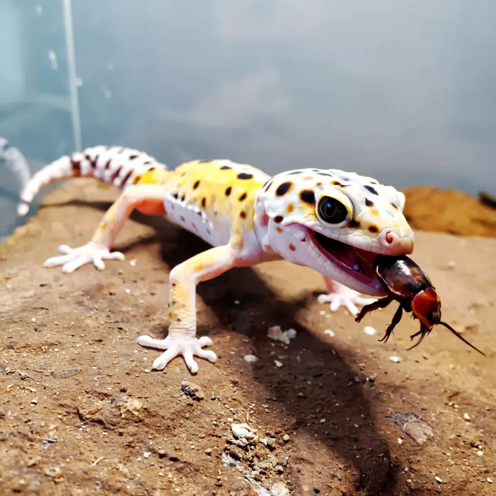 Leopard Gecko Feeding Schedule by Age 3 Adult leopard gecko feeding on dubia roach