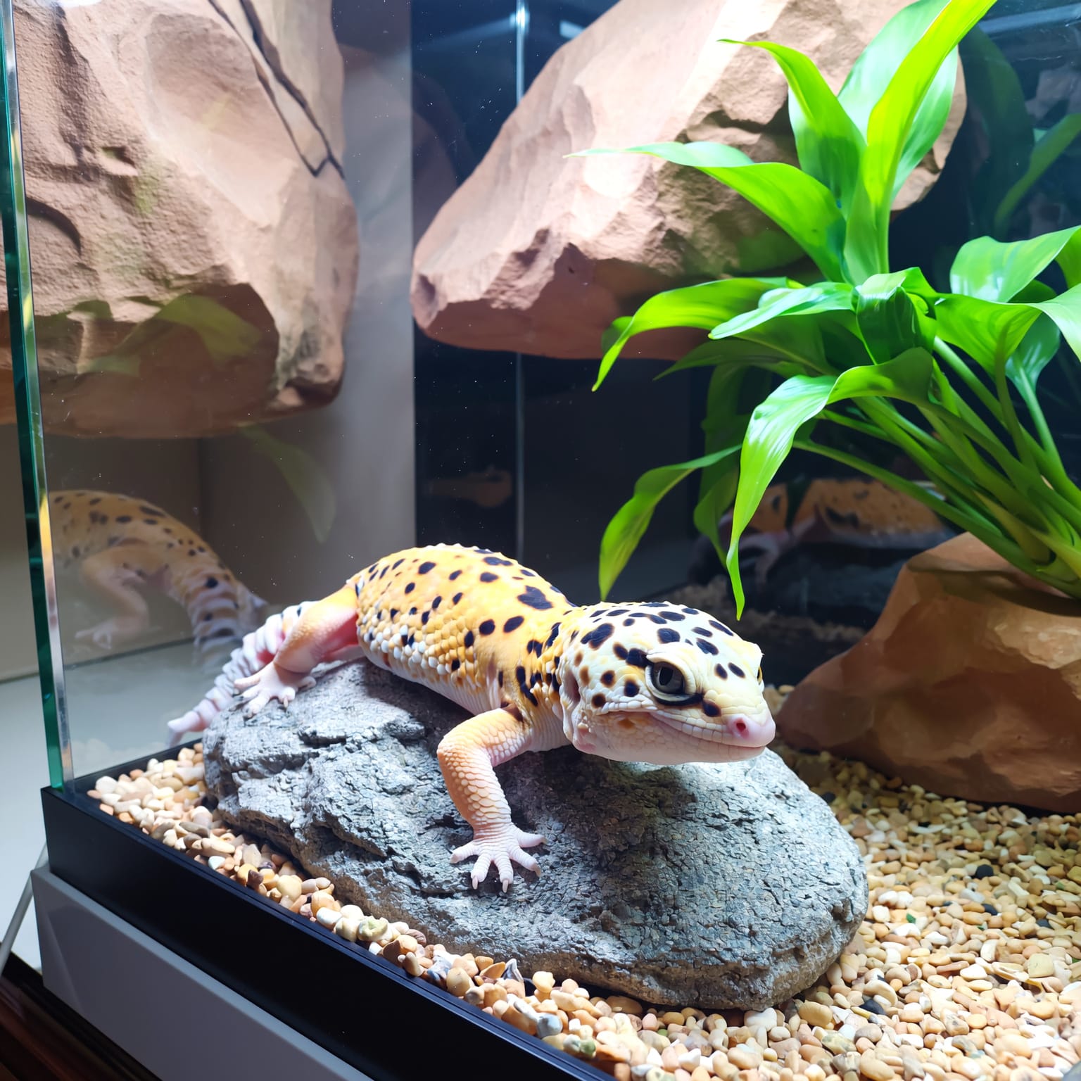 Leopard gecko in a humid hide with moss