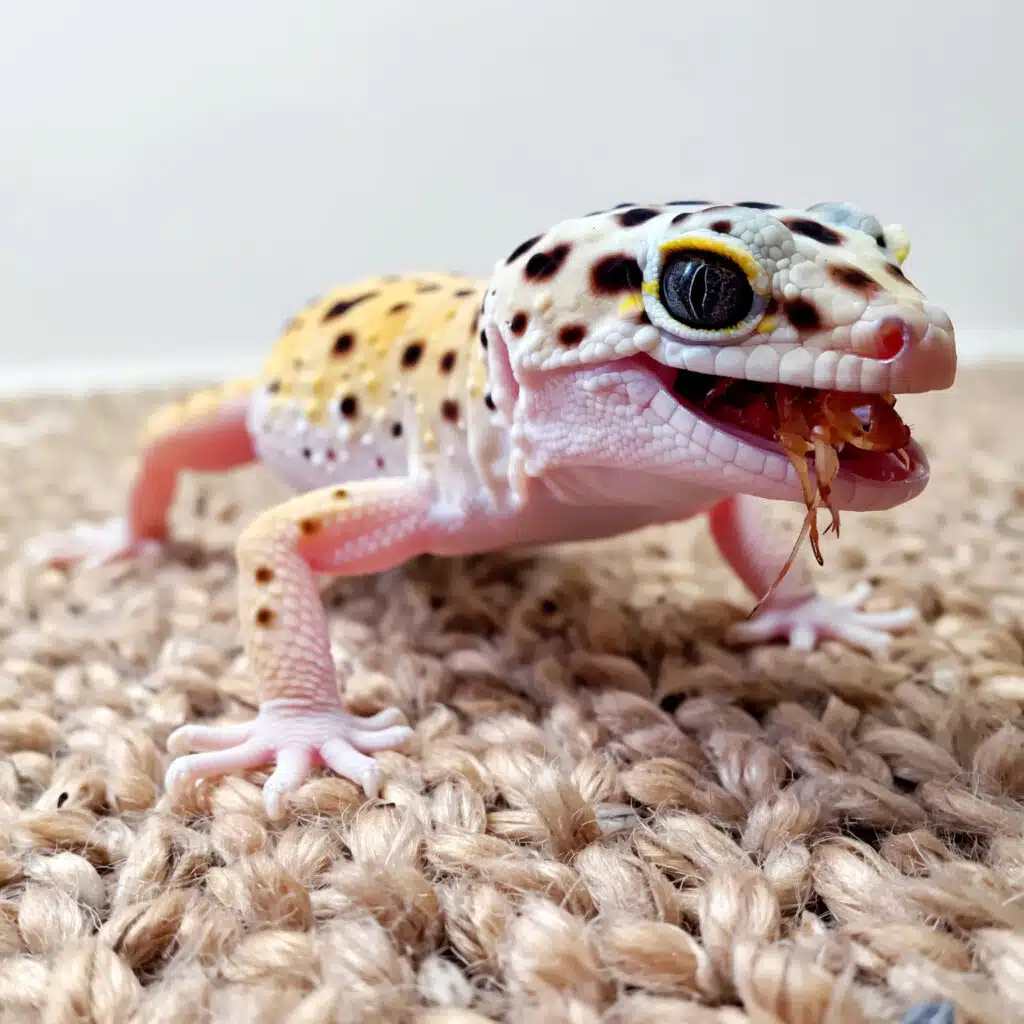 Leopard Gecko Feeding Schedule by Age 1 Hatchling leopard gecko eating cricket