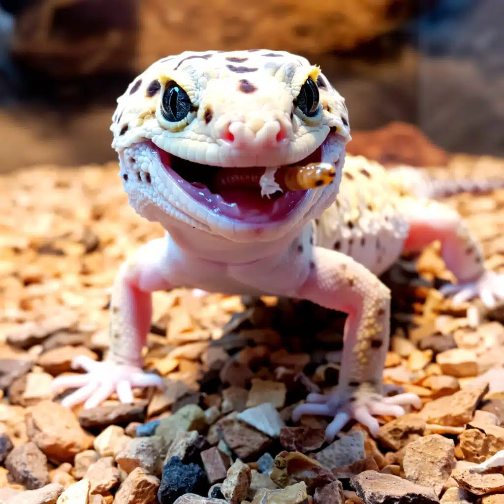 Leopard Gecko Feeding Schedule by Age 2 Juvenile leopard gecko feeding on mealworm
