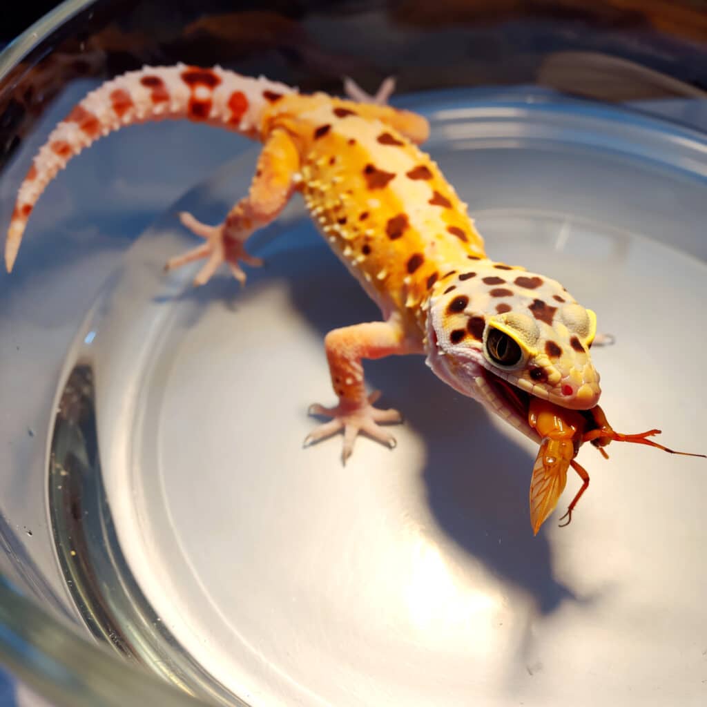 The Complete Leopard Gecko Care Guide for Beginner 2 Leopard gecko feeding on cricket