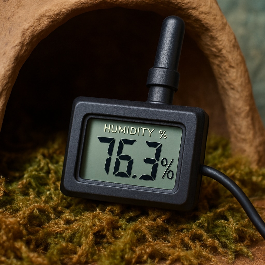 Digital hygrometer inside leopard gecko humid hide