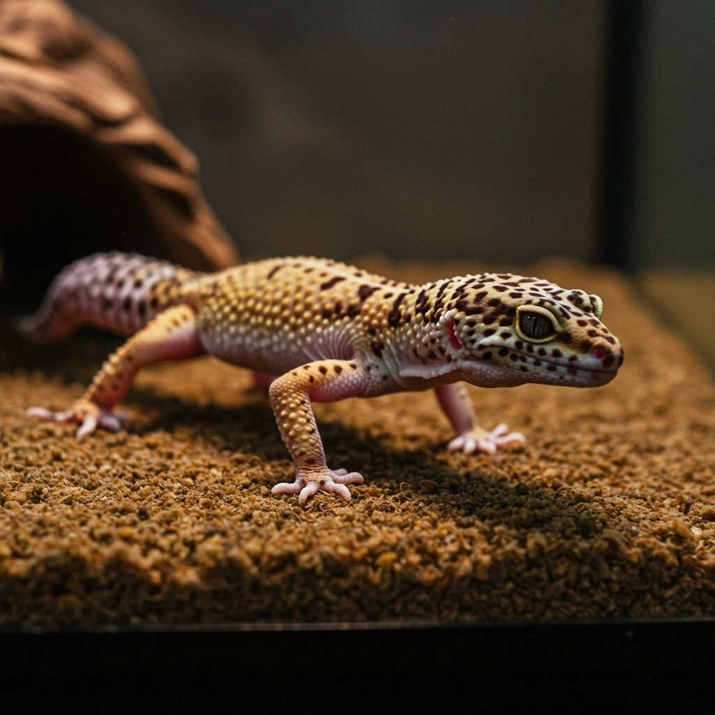 leopard gecko walking on reptile carpet