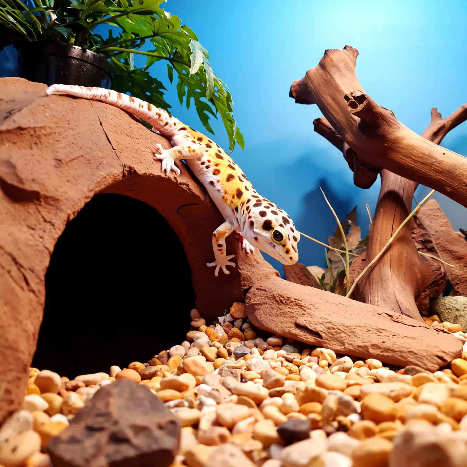 Natural leopard gecko tank layout with hides and décor