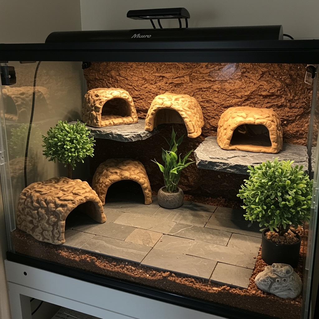 Leopard gecko in a safe, well-designed tank setup.