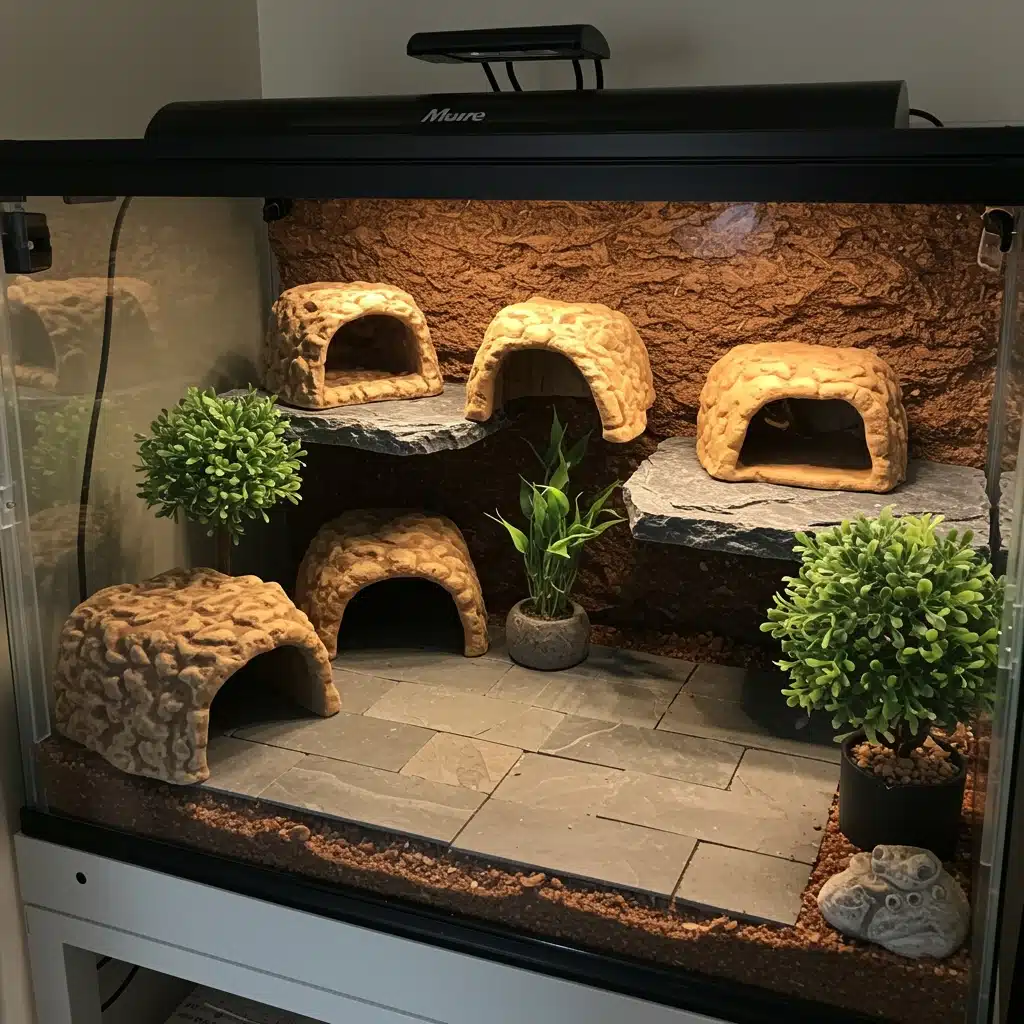 Leopard gecko in a safe, well-designed tank setup.