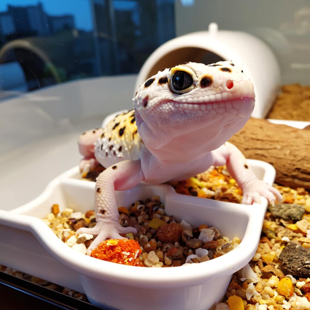 Captive leopard gecko living in a terrarium