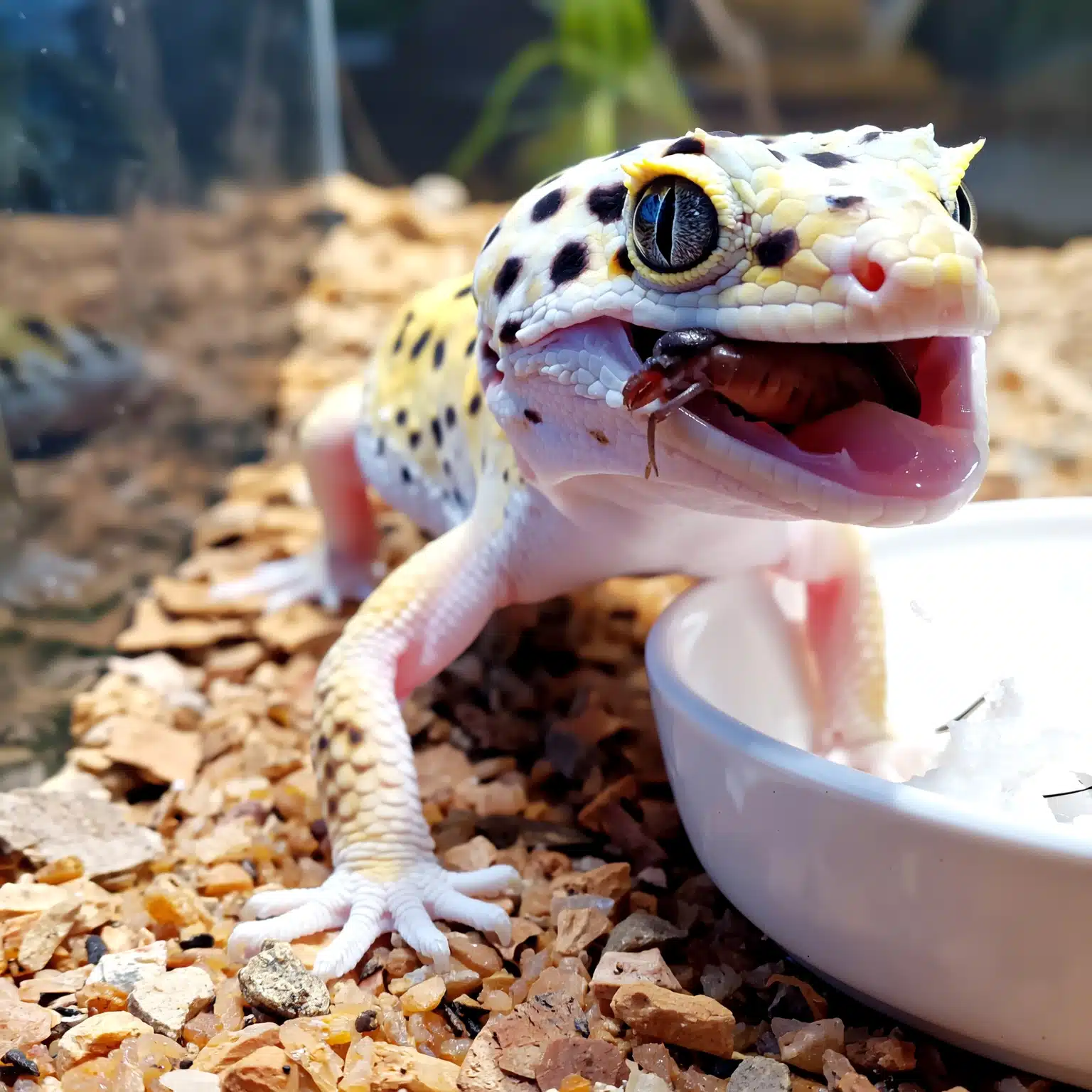 Leopard gecko feeding on insects in terrarium