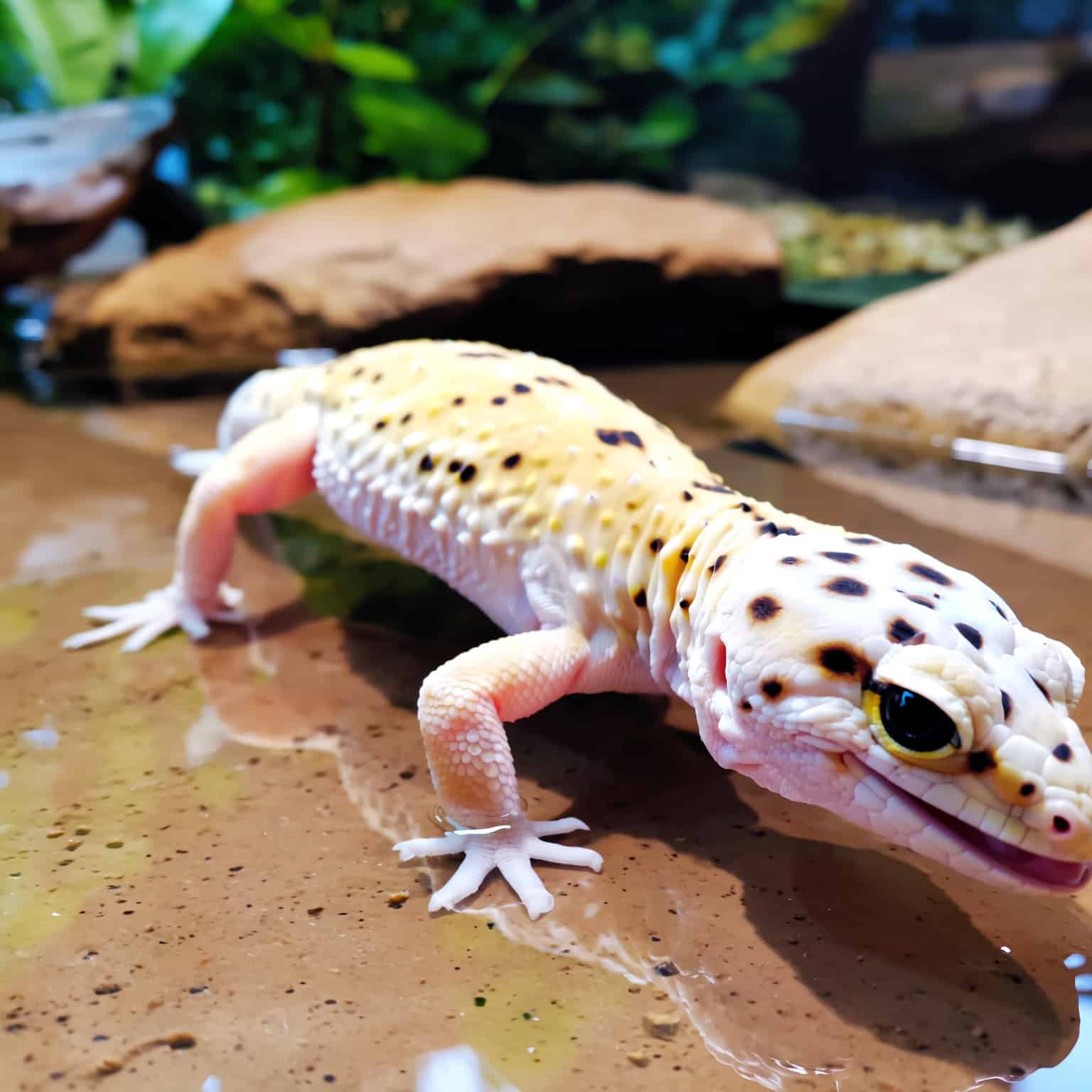 Leopard gecko hydration with water bowl and humid hide