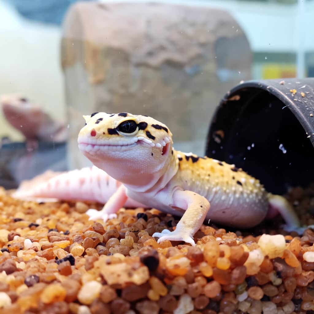 DIY Humid Hides for Leopard Geckos. 2 Leopard gecko resting inside a humid hide.