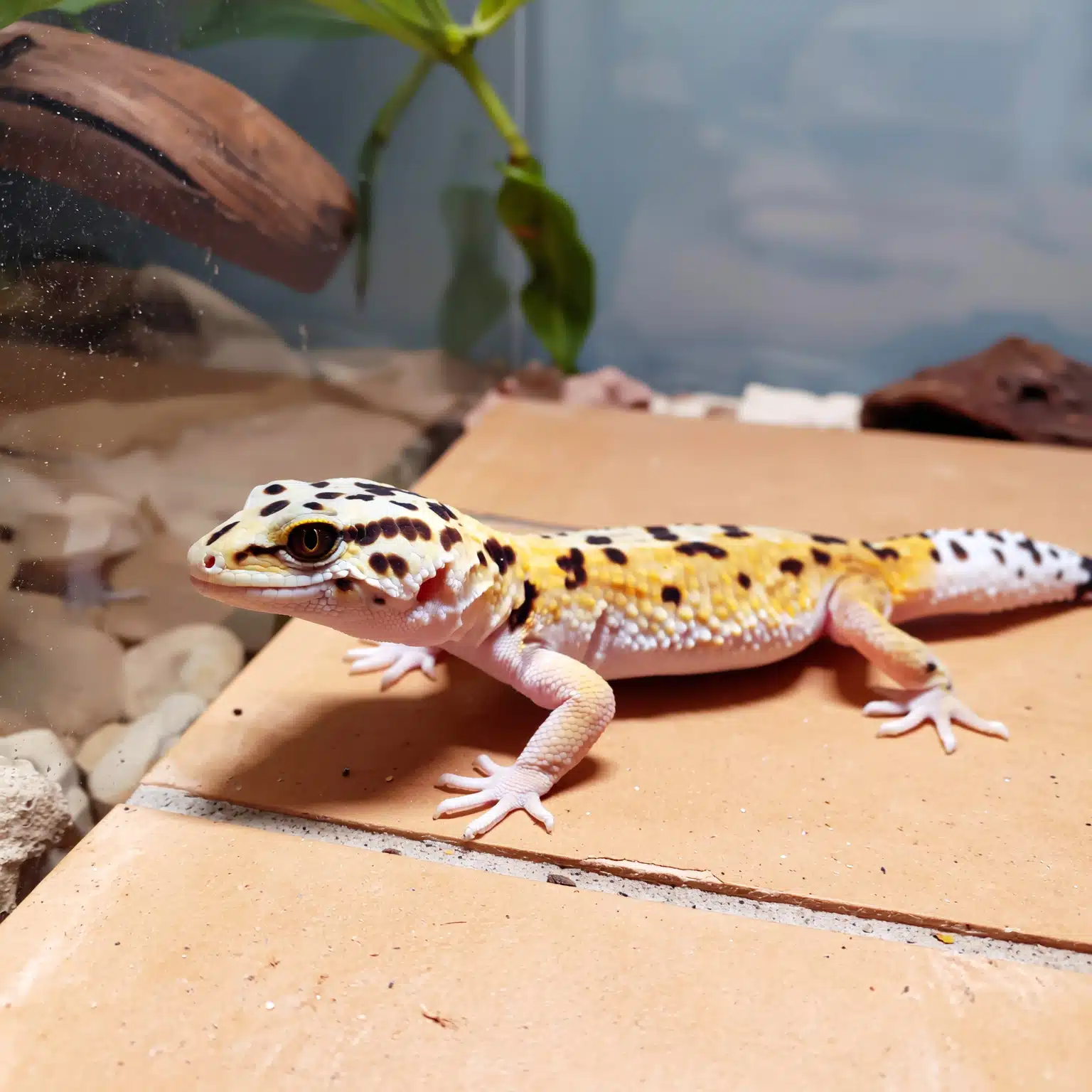 Leopard gecko on safe tile substrate in natural terrarium