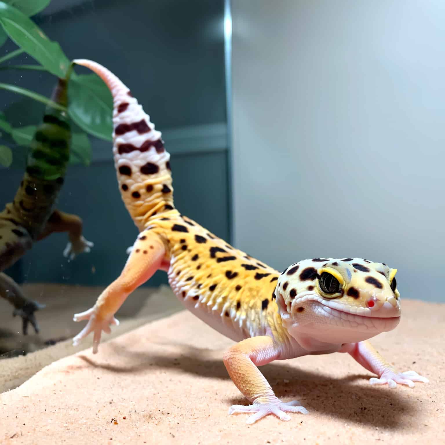 Leopard gecko displaying stress with raised tail.