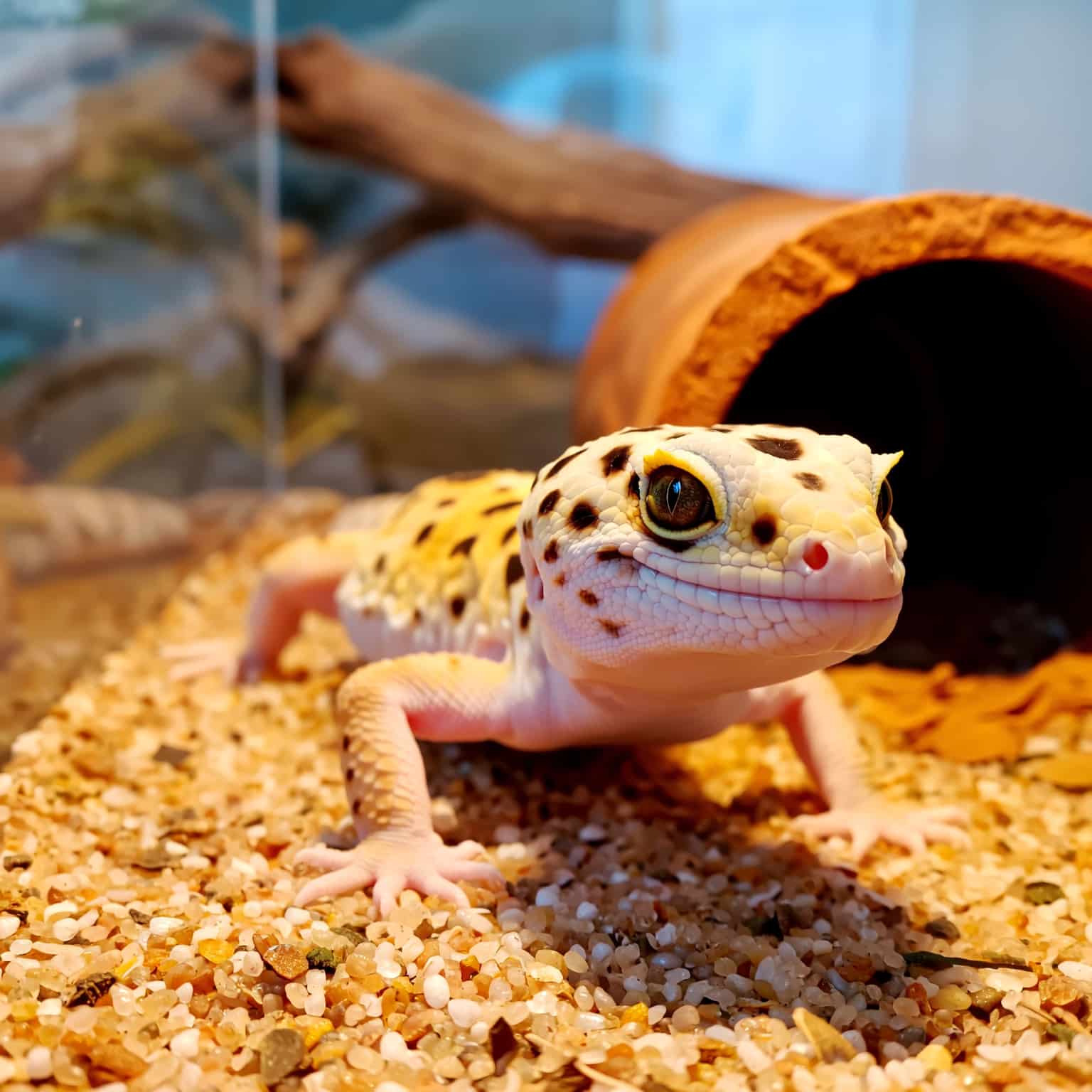 Senior leopard gecko resting on a warm hide with gentle lighting