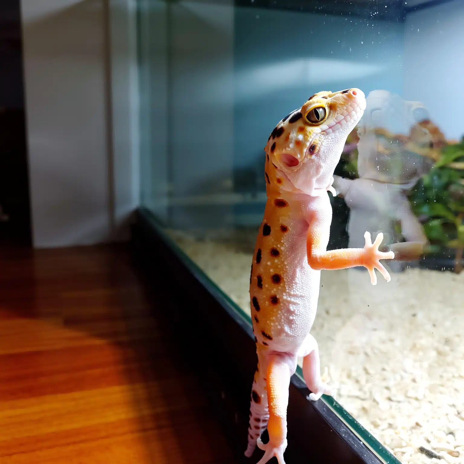 Leopard gecko glass surfing on tank wall.