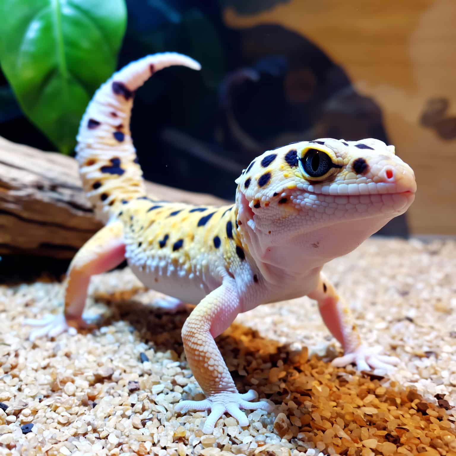 Leopard gecko with raised tail waving in alert posture.