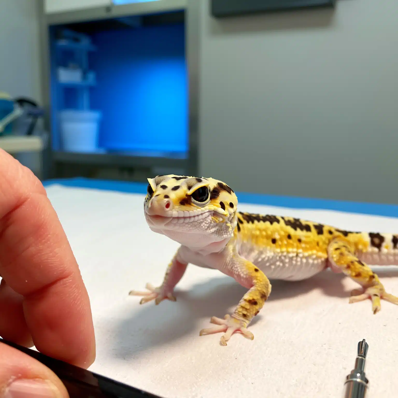 Leopard gecko being examined by an exotic vet.